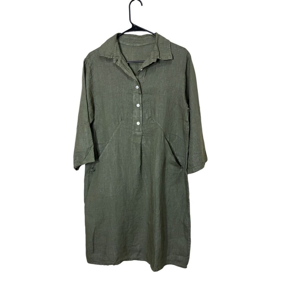 Women’s 100% Linen Green Midi Dress Lagenlook Size M